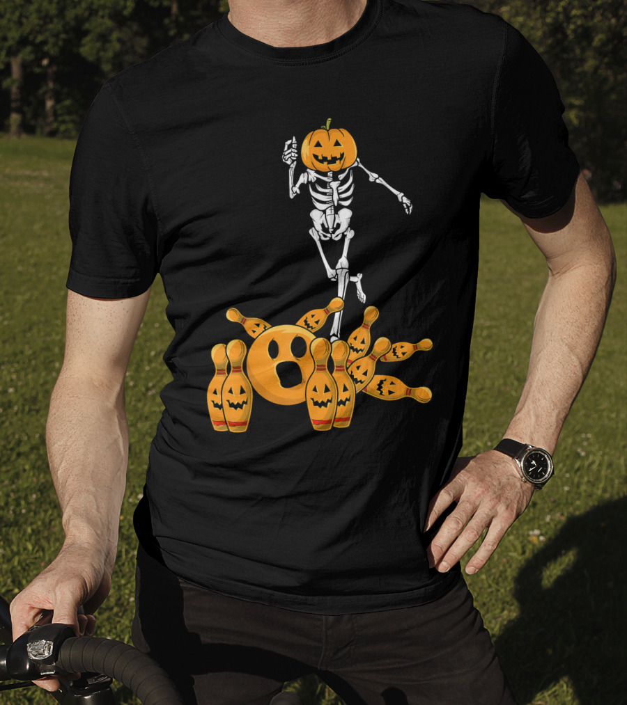 Bones Skeleton Pumpkin Head Halloween Bowling Pin Strike T-Shirt