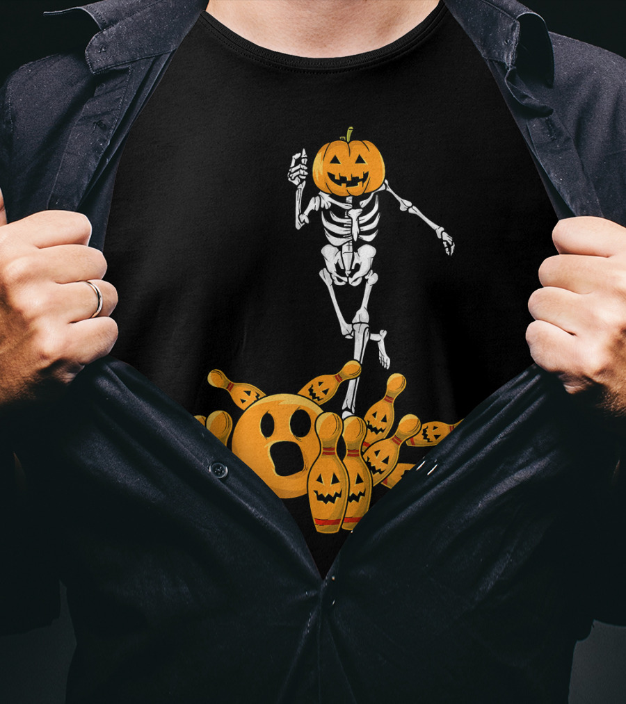 Bones Skeleton Pumpkin Head Halloween Bowling Pin Strike T-Shirt