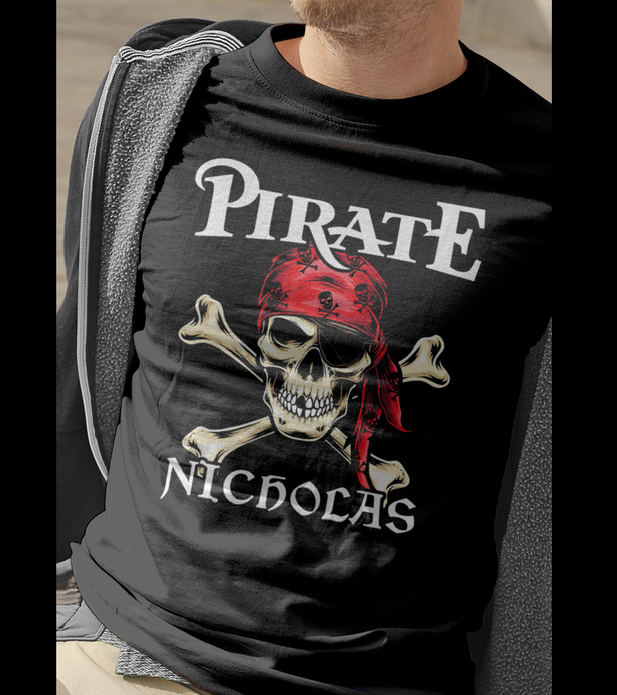PIRATE NICHOLAS Skull And Crossbones Red Bandana T-Shirt