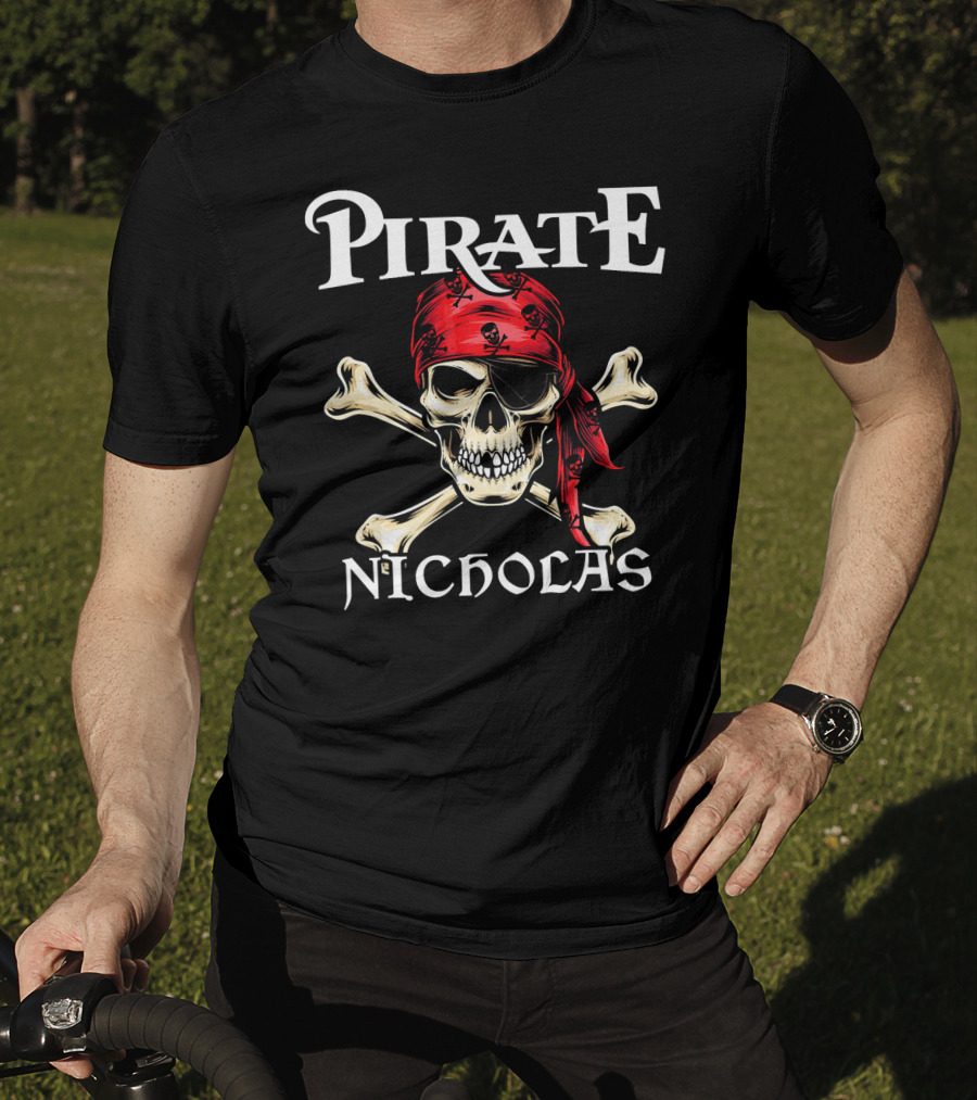 PIRATE NICHOLAS Skull And Crossbones Red Bandana T-Shirt
