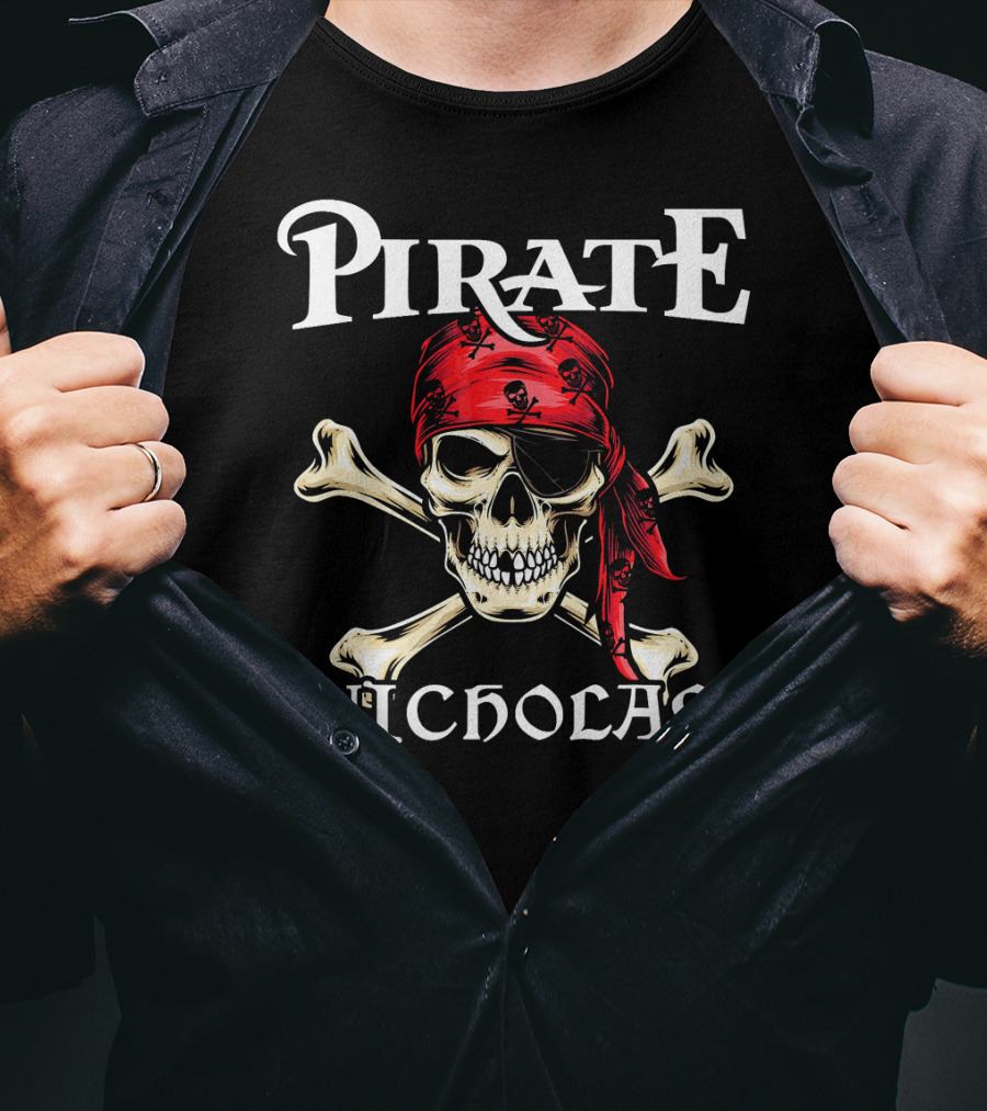 PIRATE NICHOLAS Skull And Crossbones Red Bandana T-Shirt