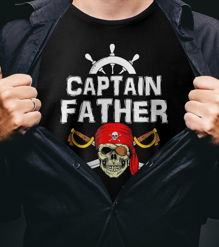 Captain Father Pirate Skull With Swords And Ship Wheel T-Shirt