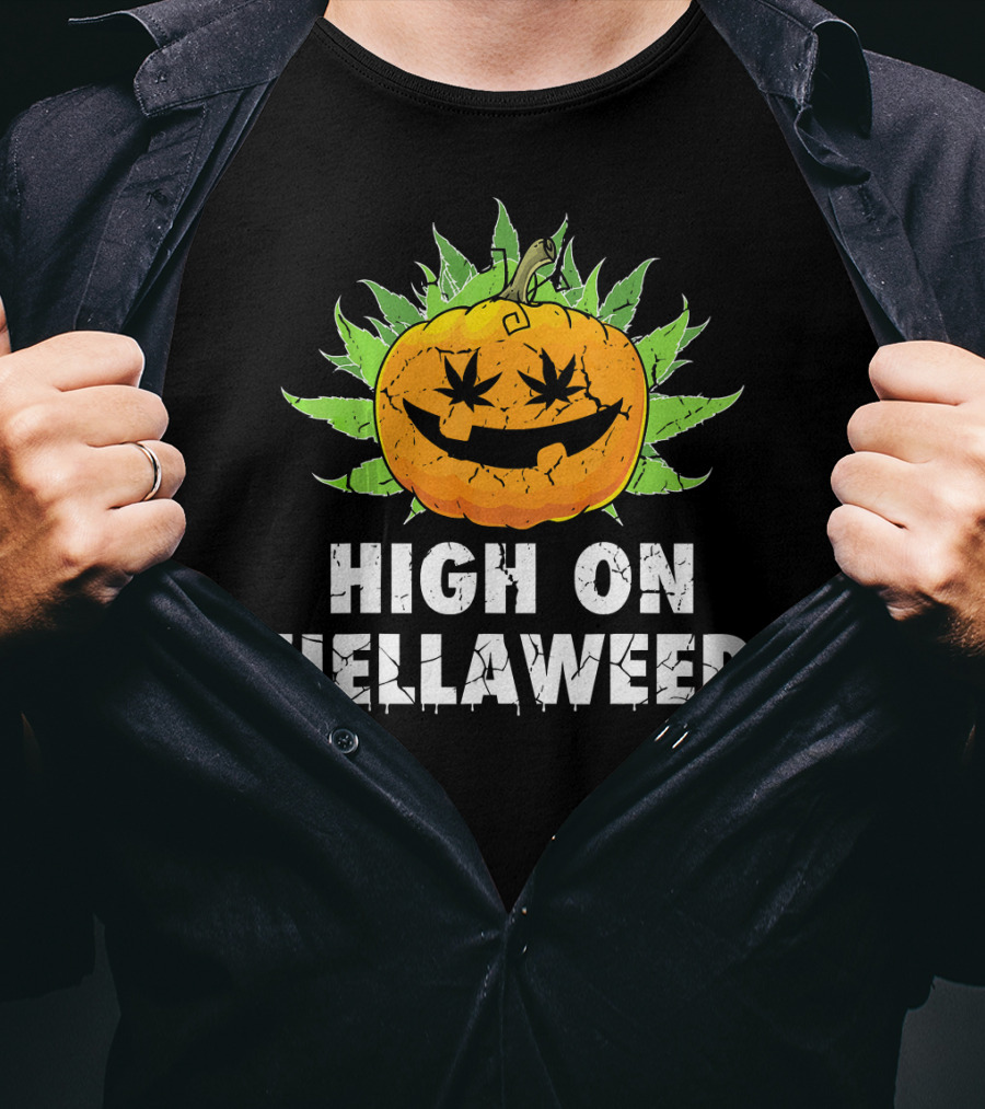 High On Hellaweed Halloween Weed Cannabis Pumpkin Face T-Shirt