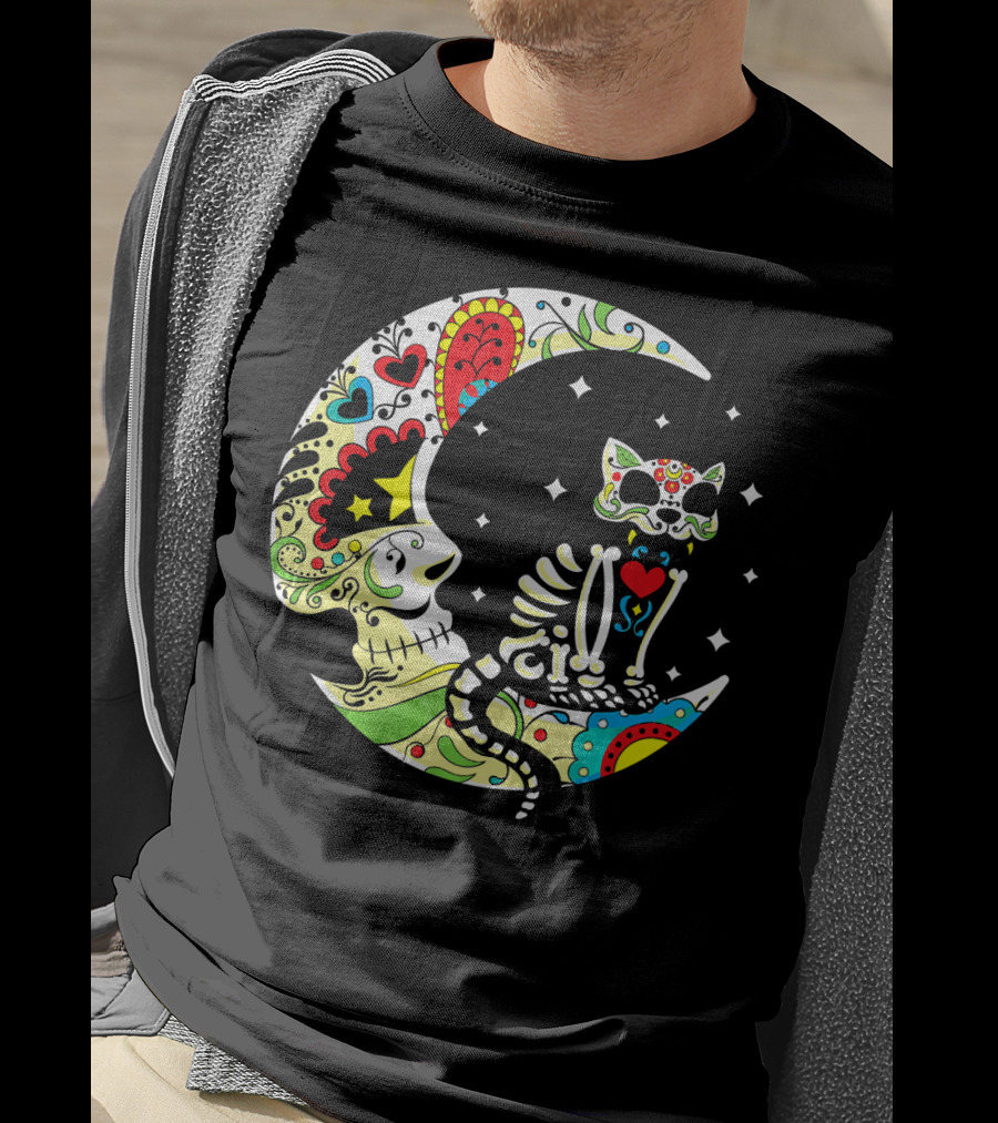 Dia De Los Muertos Halloween Sugar Skull Cat On Crescent Moon T-Shirt