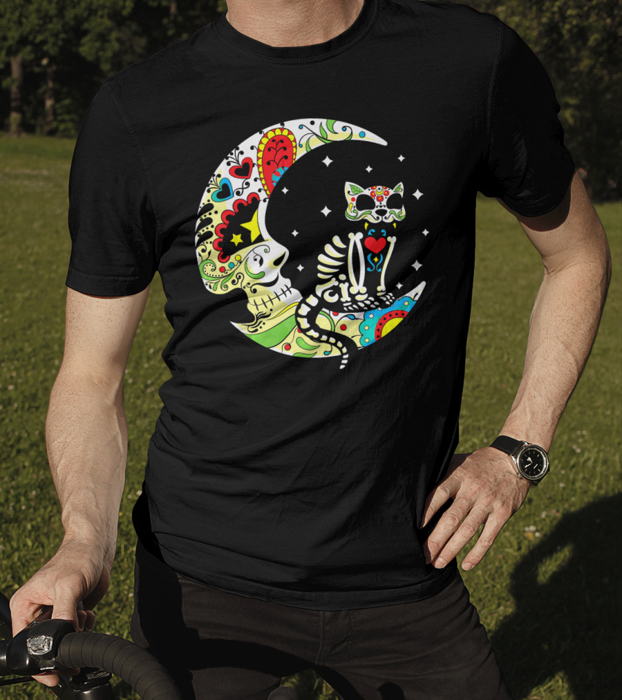 Dia De Los Muertos Halloween Sugar Skull Cat On Crescent Moon T-Shirt