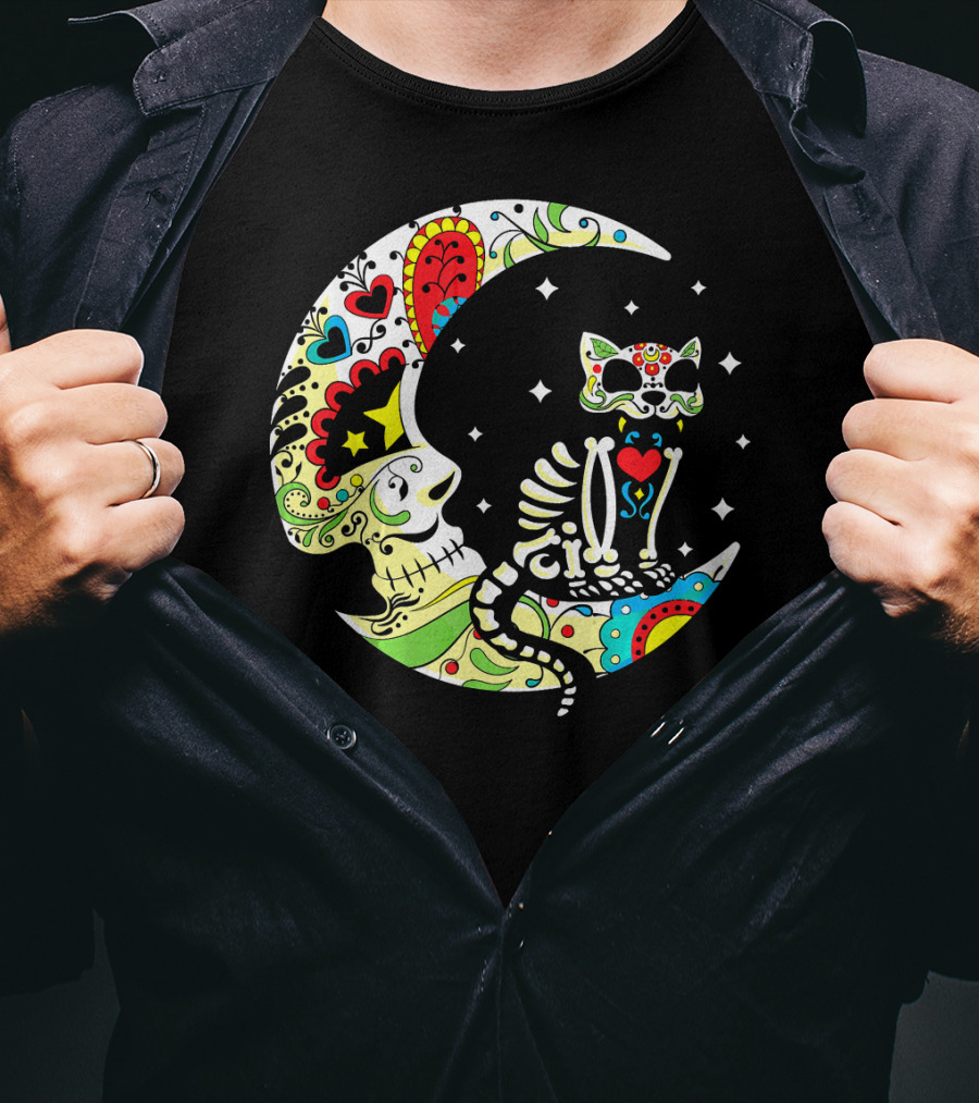 Dia De Los Muertos Halloween Sugar Skull Cat On Crescent Moon T-Shirt