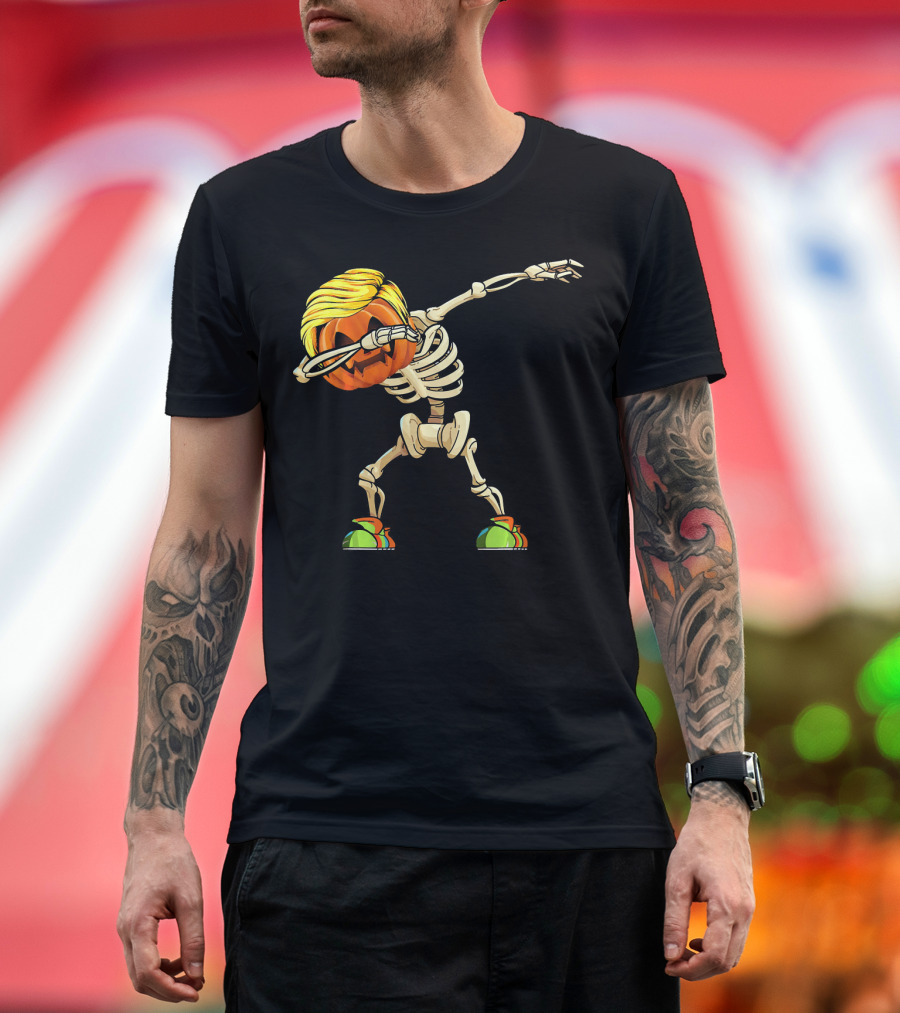 Funny Halloween Dabbing Skeleton Pumpkin with Golden Hair and Colorful Sneakers T-Shirt