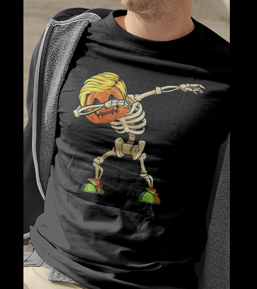 Funny Halloween Dabbing Skeleton Pumpkin With Golden Hair And Colorful Sneakers T-Shirt