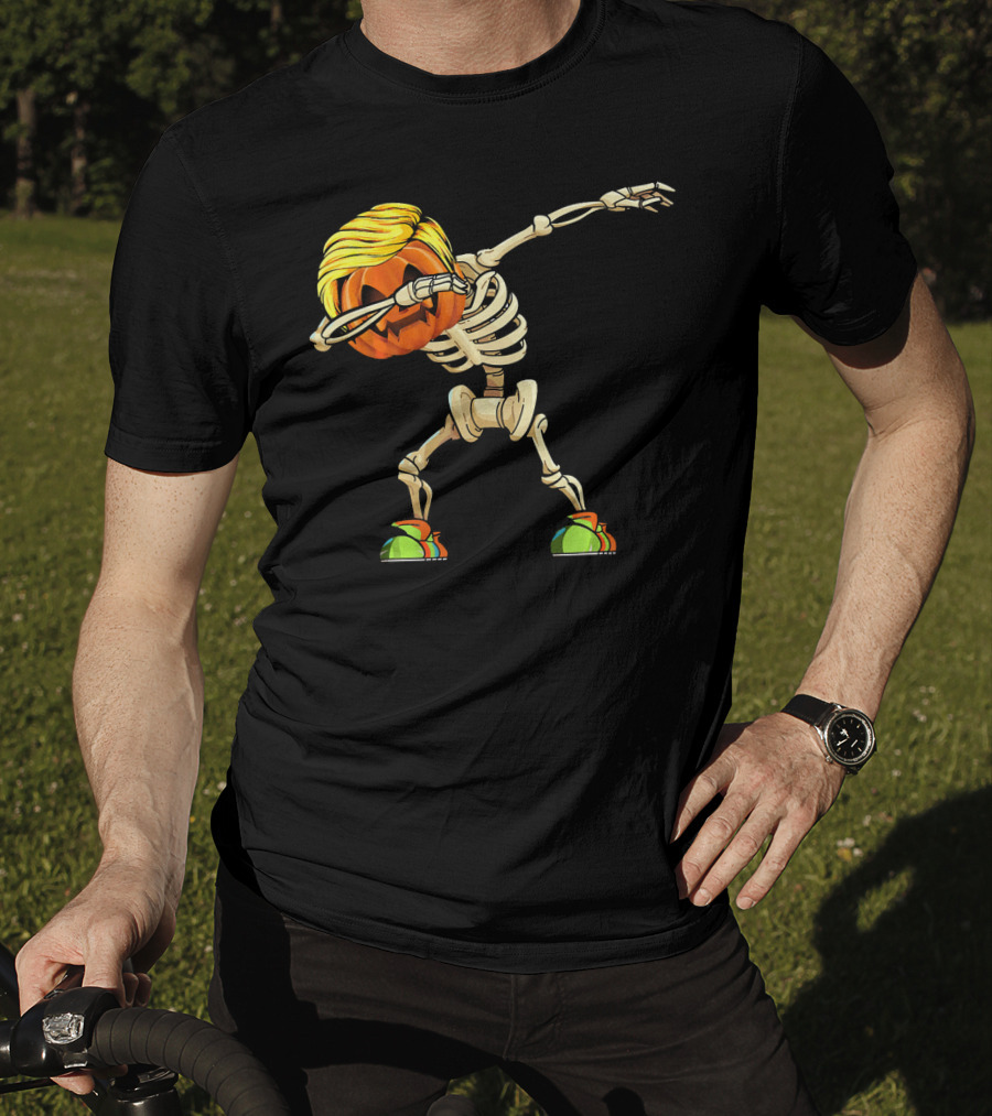 Funny Halloween Dabbing Skeleton Pumpkin With Golden Hair And Colorful Sneakers T-Shirt