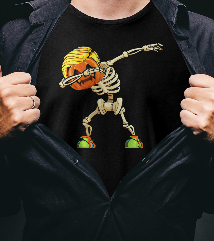 Funny Halloween Dabbing Skeleton Pumpkin With Golden Hair And Colorful Sneakers T-Shirt