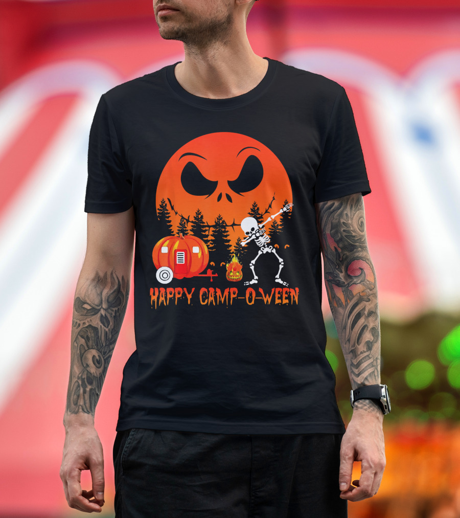 Happy Camp-O-Ween Skeleton Dab Pumpkin Camper Spooky Forest Scene T-Shirt