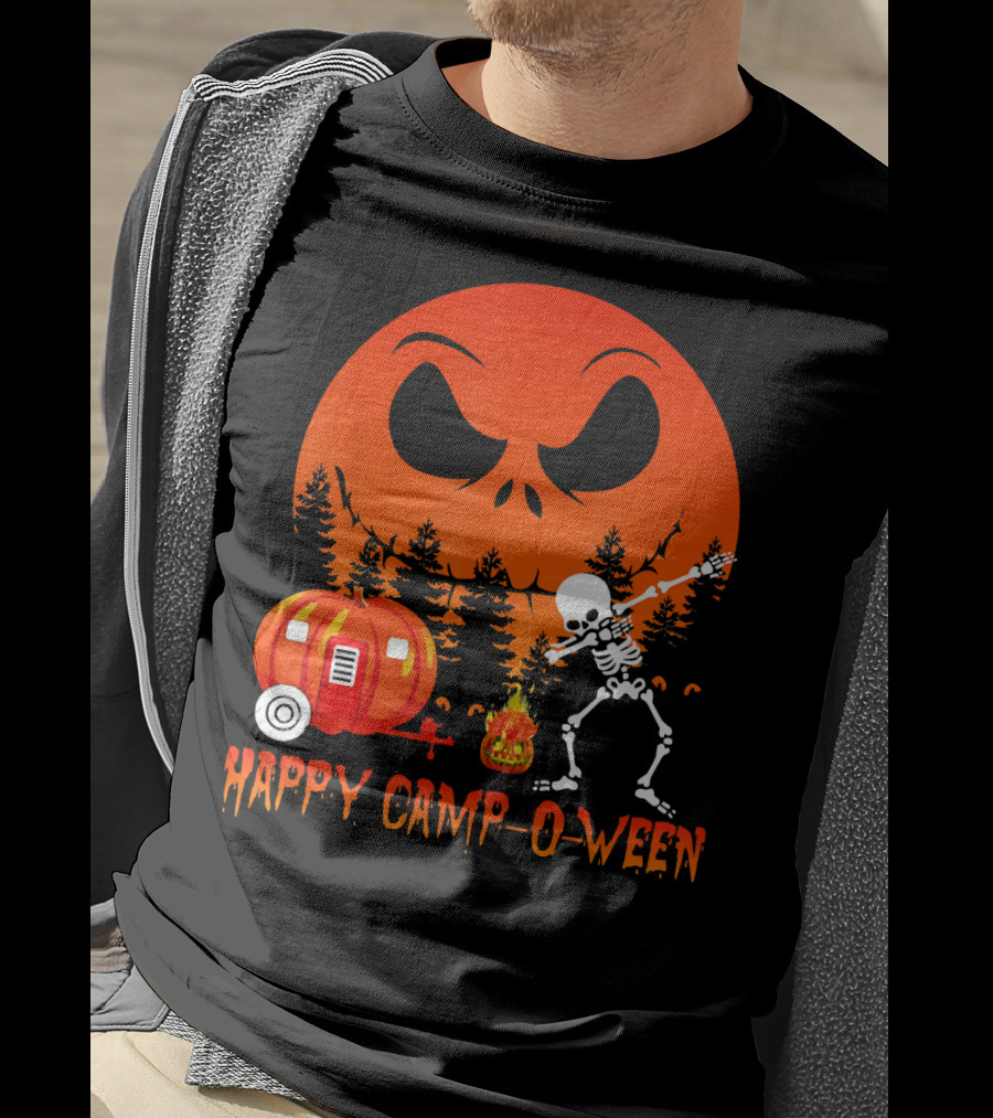 Happy Camp-O-Ween Skeleton Dab Pumpkin Camper Spooky Forest Scene T-Shirt