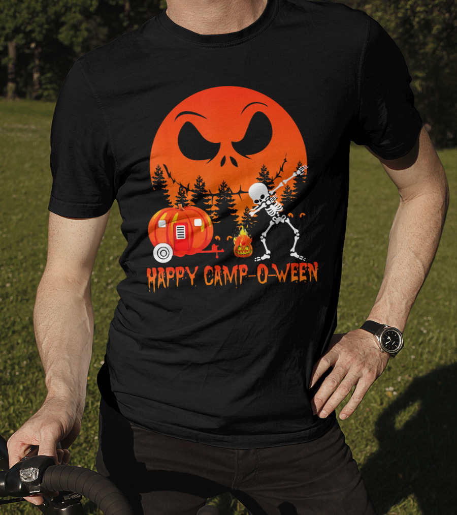 Happy Camp-O-Ween Skeleton Dab Pumpkin Camper Spooky Forest Scene T-Shirt