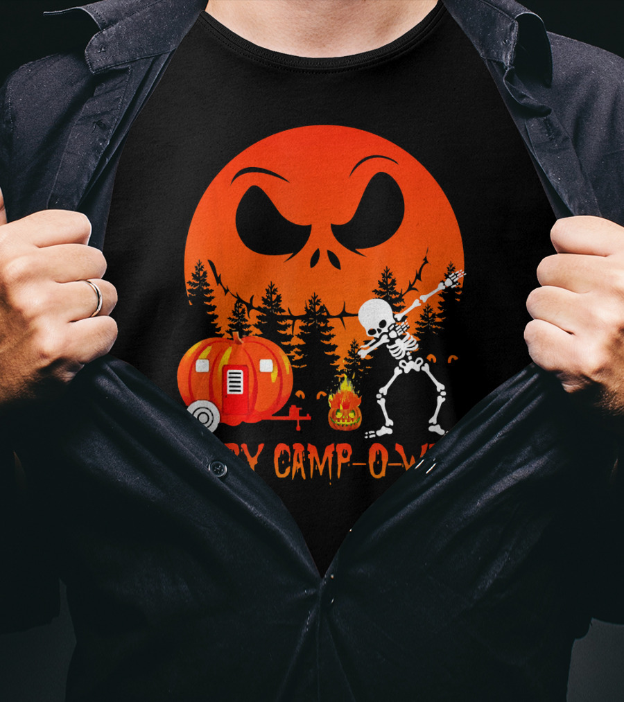 Happy Camp-O-Ween Skeleton Dab Pumpkin Camper Spooky Forest Scene T-Shirt