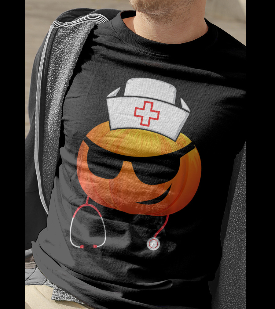 Smiling Pumpkin Nurse Emoji With Stethoscope Halloween T-Shirt