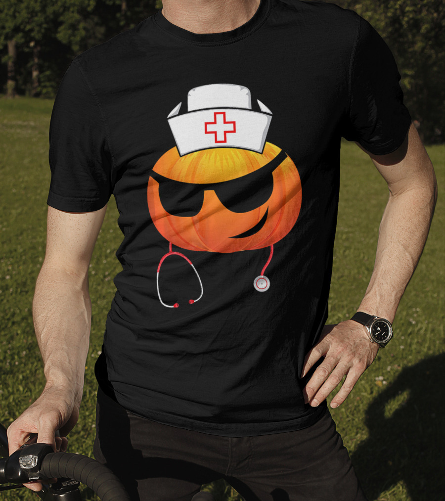 Smiling Pumpkin Nurse Emoji With Stethoscope Halloween T-Shirt