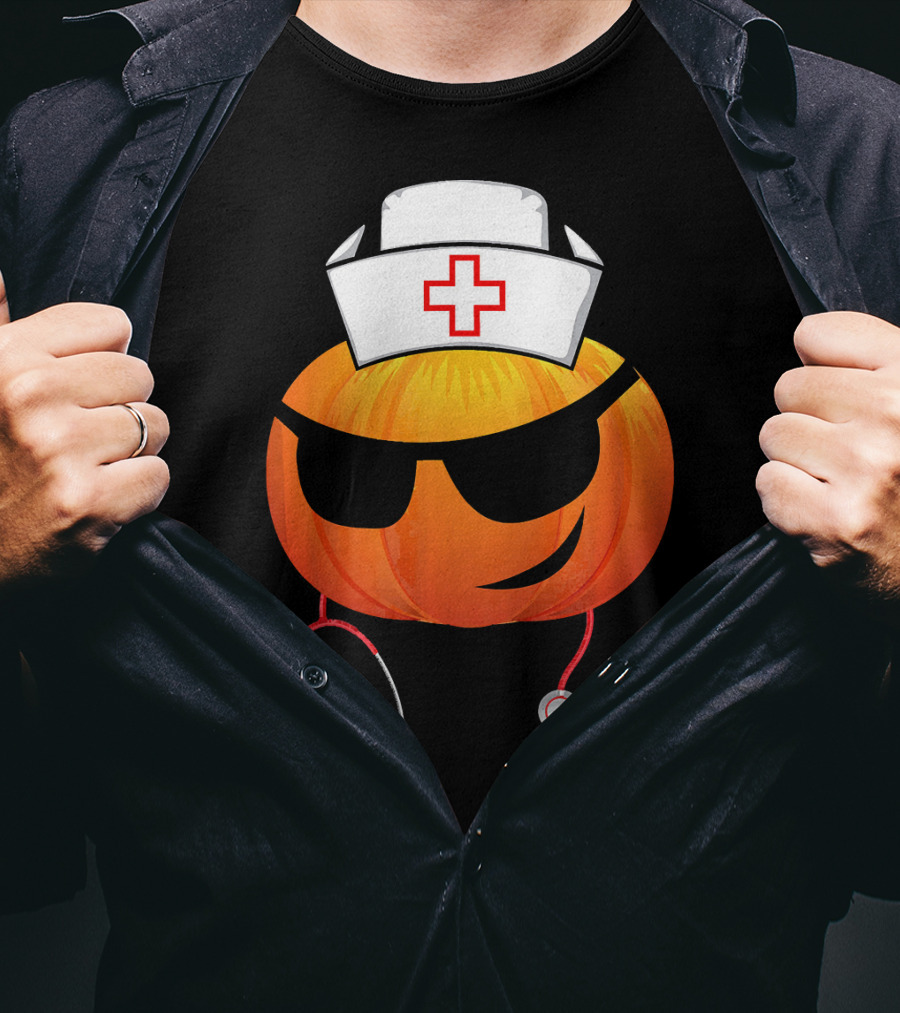 Smiling Pumpkin Nurse Emoji With Stethoscope Halloween T-Shirt
