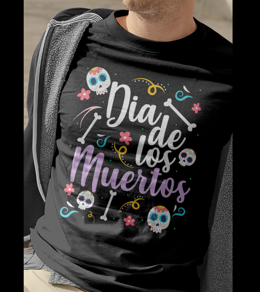 Dia De Los Muertos Colorful Sugar Skulls And Bones T-Shirt