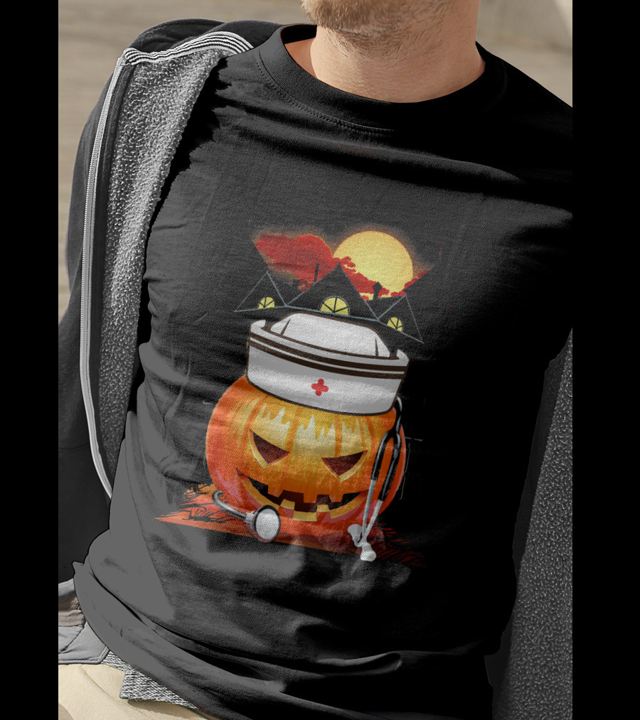 Nurse Pumpkin Halloween With Stethoscope And Haunted House T-Shirt