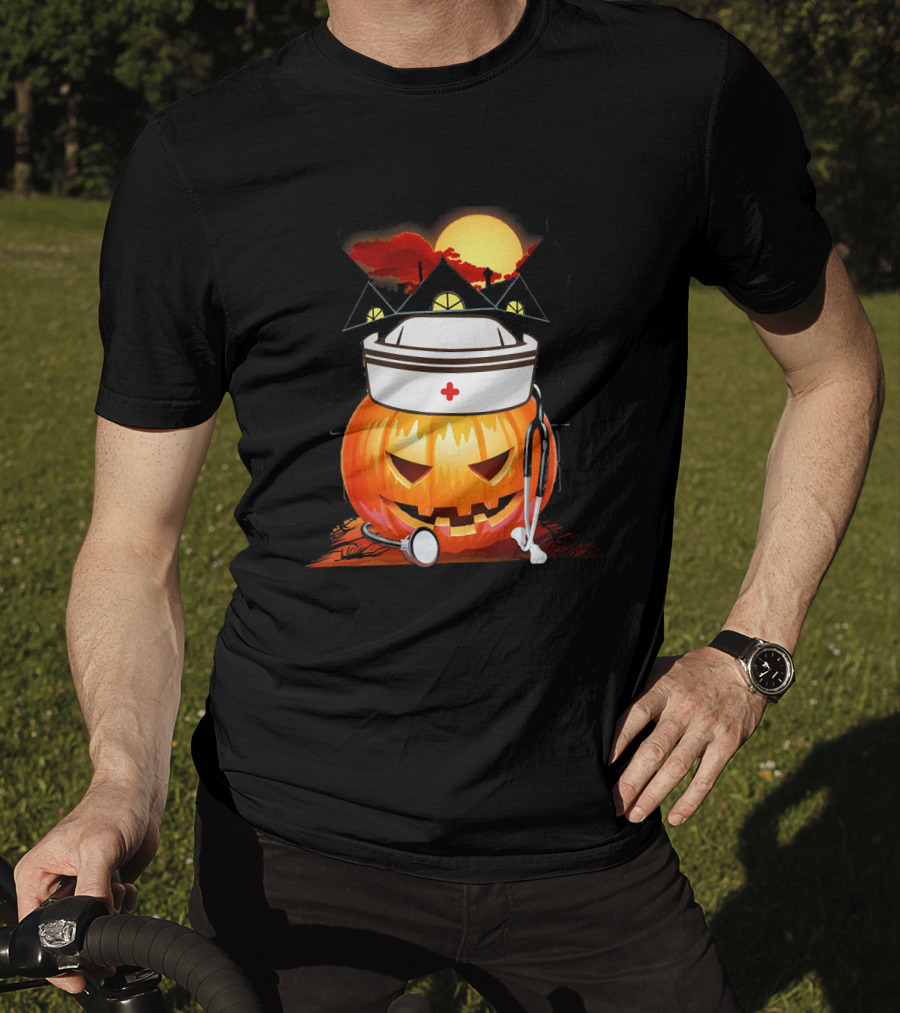 Nurse Pumpkin Halloween With Stethoscope And Haunted House T-Shirt
