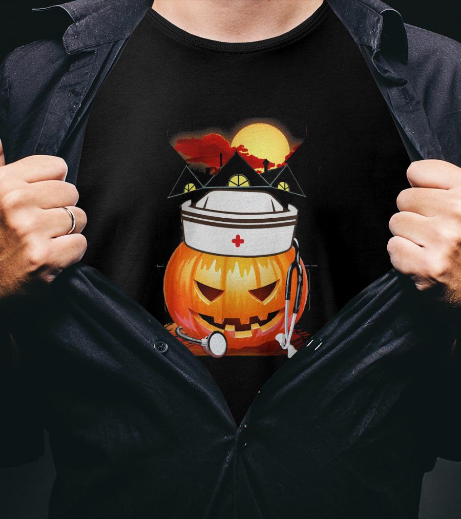 Nurse Pumpkin Halloween With Stethoscope And Haunted House T-Shirt