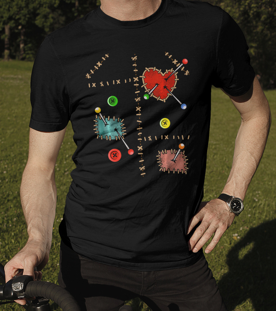 Voodoo Doll Halloween Costume With Heart And Button Patches T-Shirt