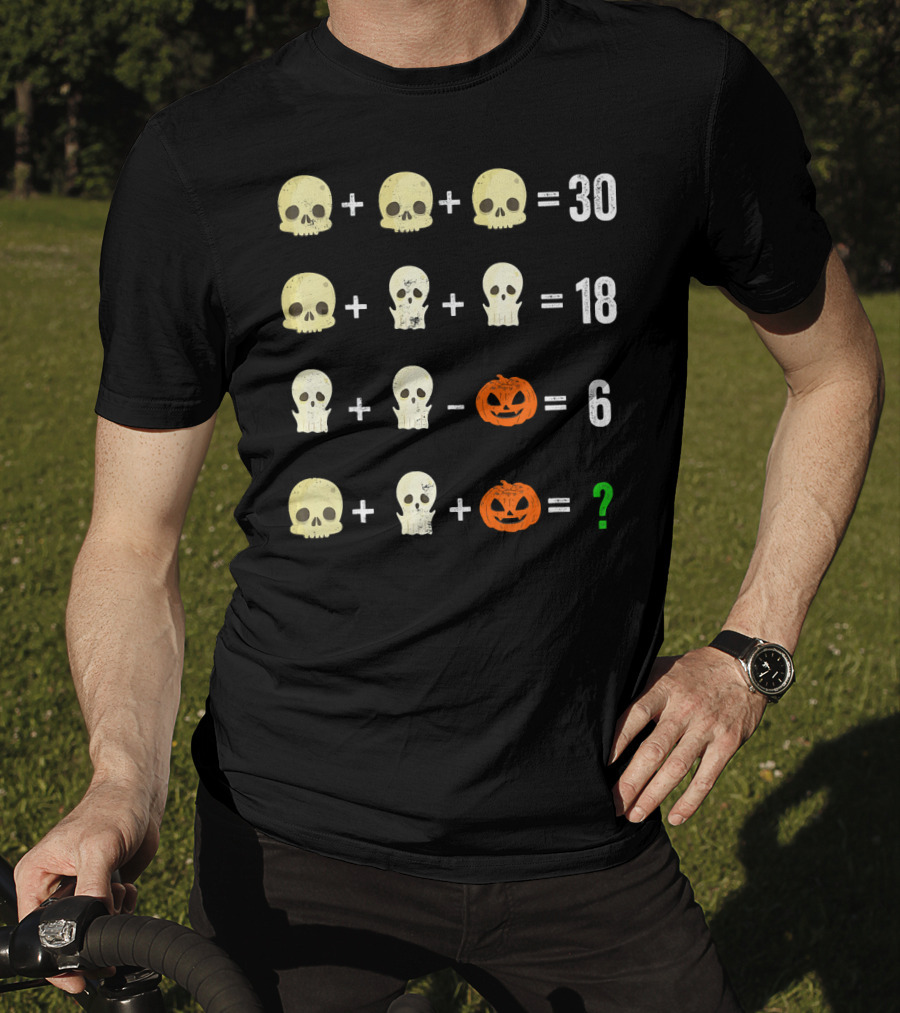 Math Puzzle Halloween Skulls And Pumpkins Calculation Challenge T-Shirt