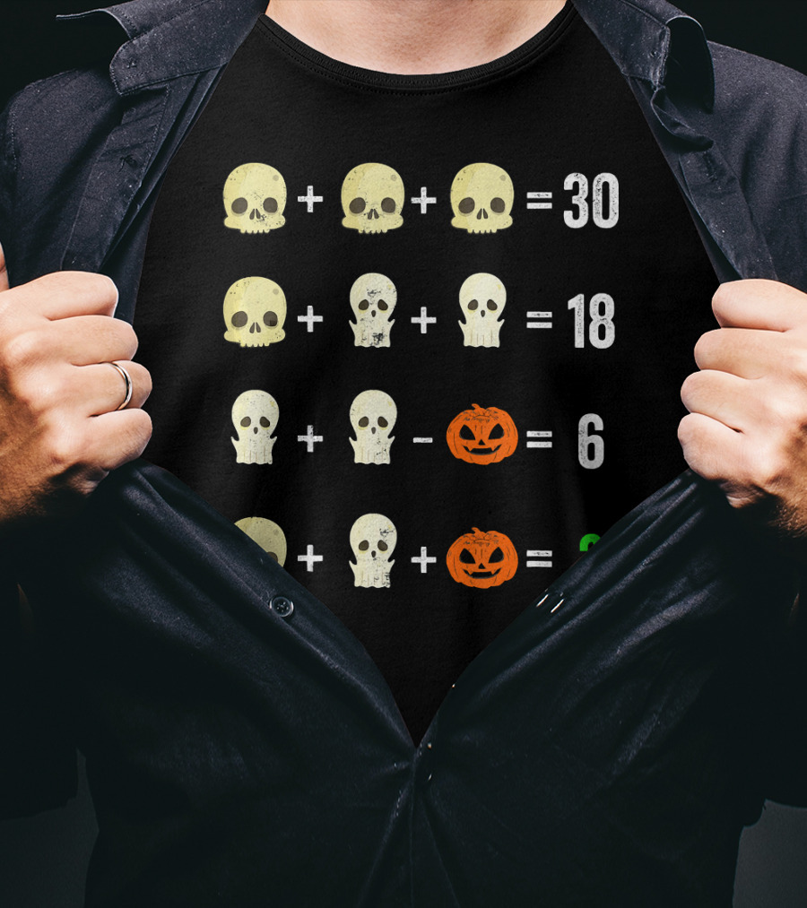 Math Puzzle Halloween Skulls And Pumpkins Calculation Challenge T-Shirt