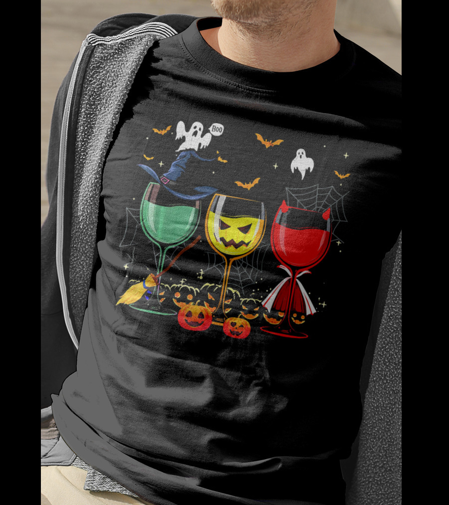 Halloween Witches Pumpkin Ghost Devil Wine Glasses T-Shirt