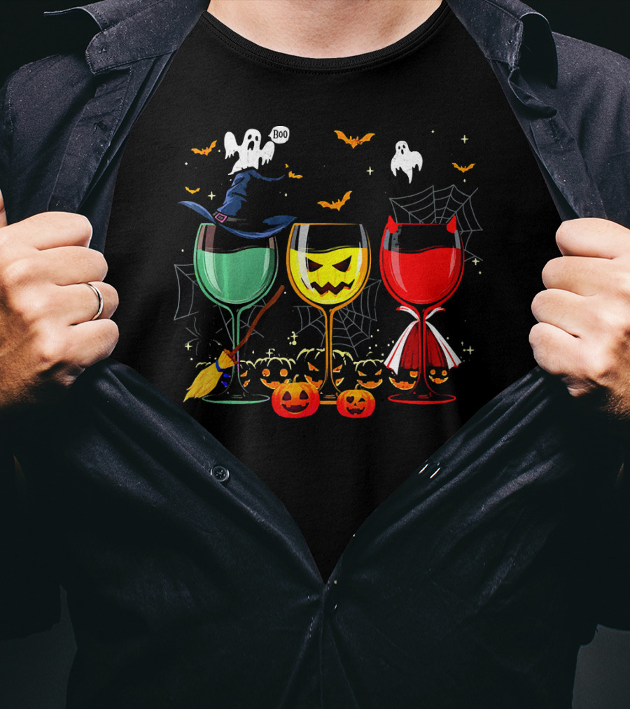 Halloween Witches Pumpkin Ghost Devil Wine Glasses T-Shirt