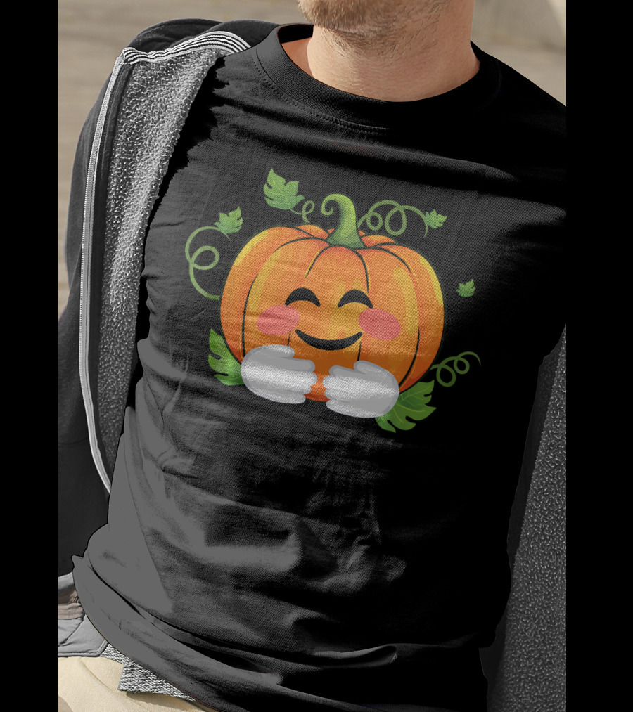 Pumpkin Emoji Big Hugs Smiling Face With Leaves And Vines T-Shirt