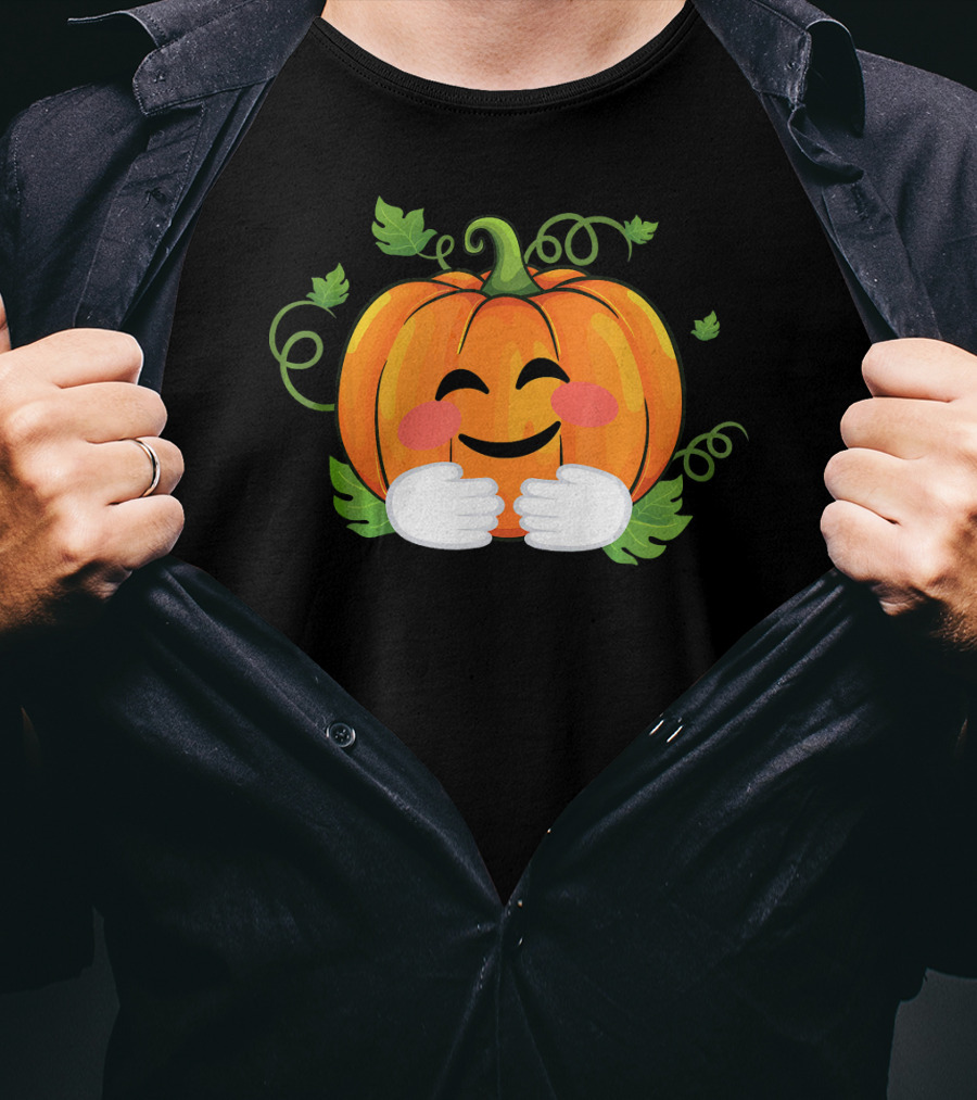 Pumpkin Emoji Big Hugs Smiling Face With Leaves And Vines T-Shirt