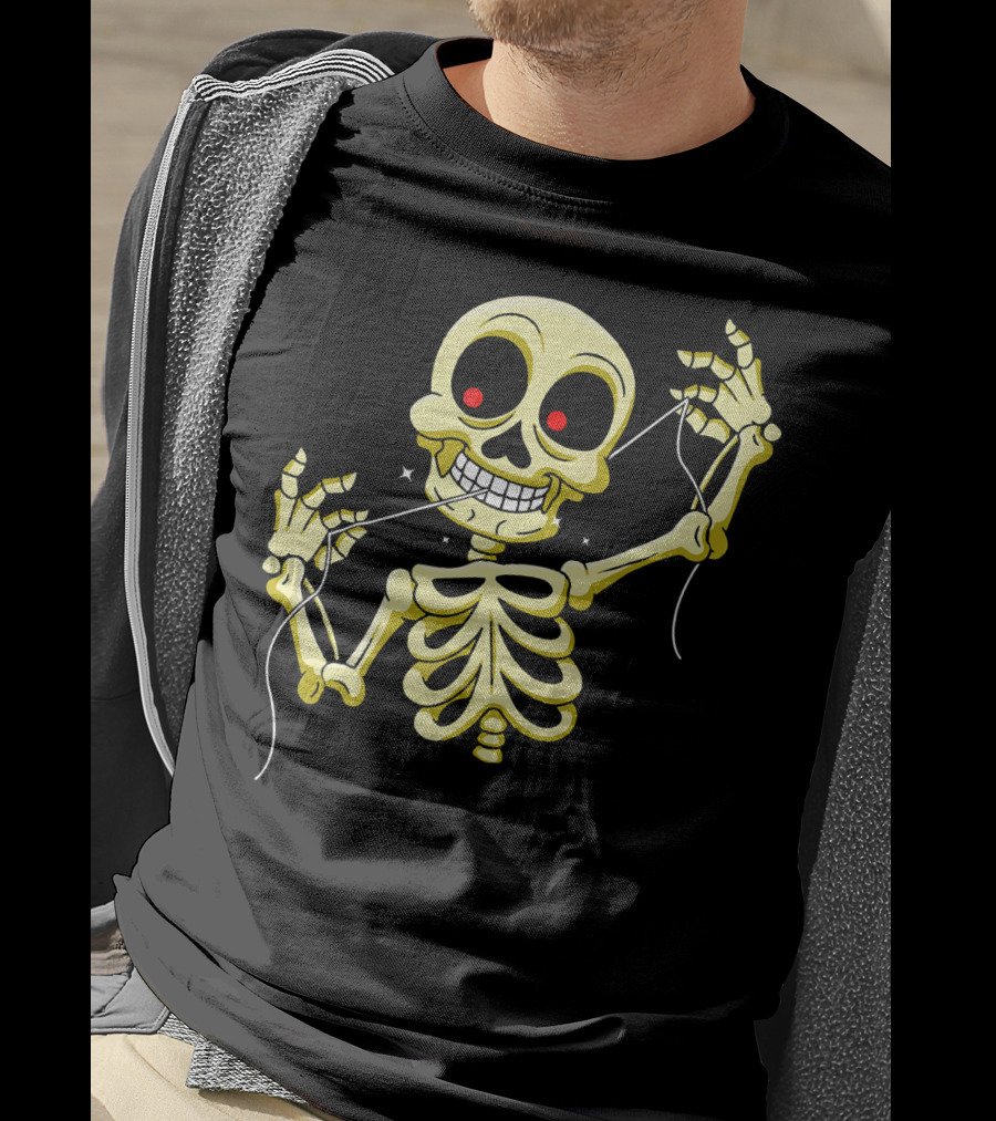 Flossing Skeleton With Red Eyes And Grinning Teeth T-Shirt