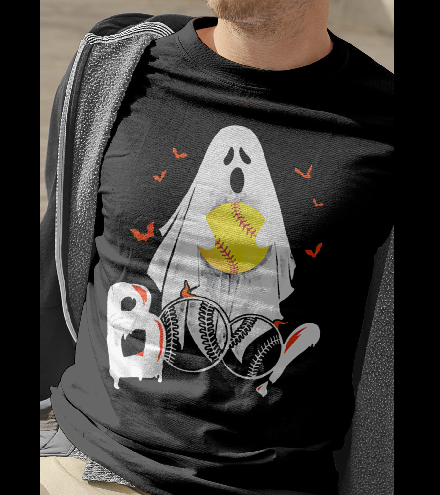 Ghostly Boo Softball With Yellow Softball And Bats T-Shirt