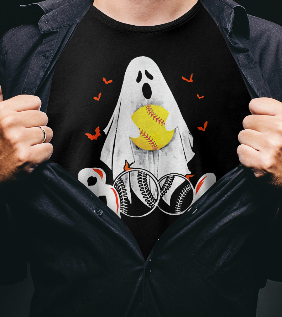 Ghostly Boo Softball With Yellow Softball And Bats T-Shirt