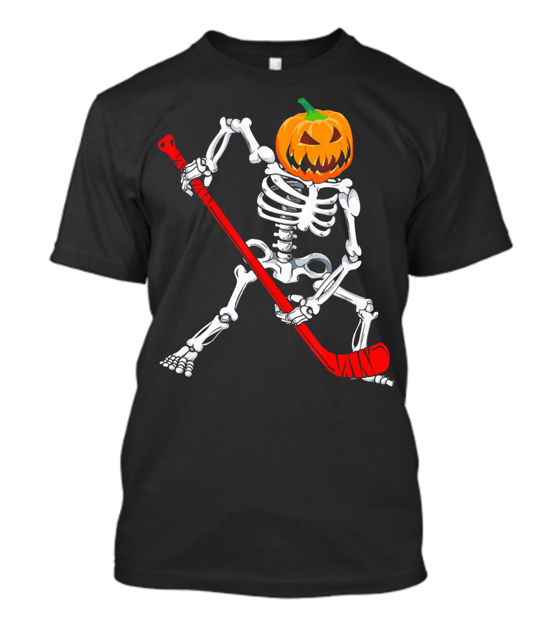Halloween Skeleton With Pumpkin Head Playing Hockey T-Shirt
