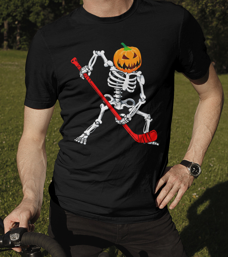 Halloween Skeleton With Pumpkin Head Playing Hockey T-Shirt