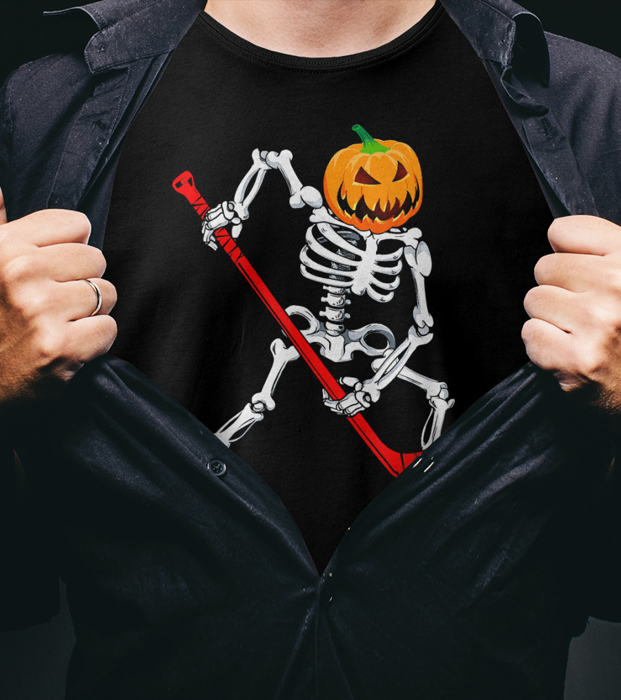 Halloween Skeleton With Pumpkin Head Playing Hockey T-Shirt