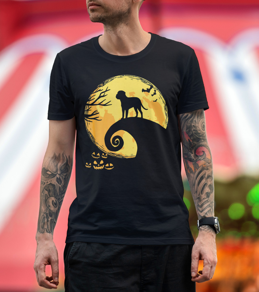 Bullmastiff Silhouette Moonlit Halloween Scene with Pumpkins and Bats T-Shirt