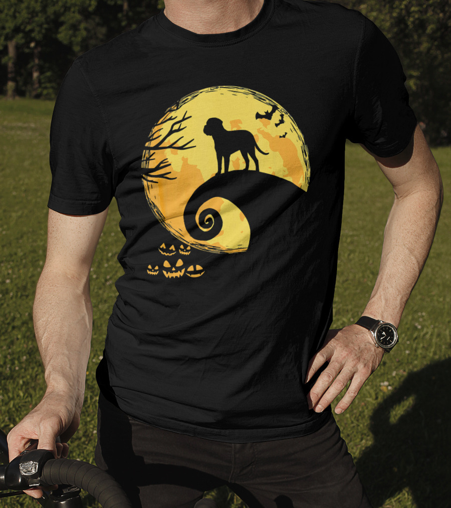 Bullmastiff Silhouette Moonlit Halloween Scene With Pumpkins And Bats T-Shirt