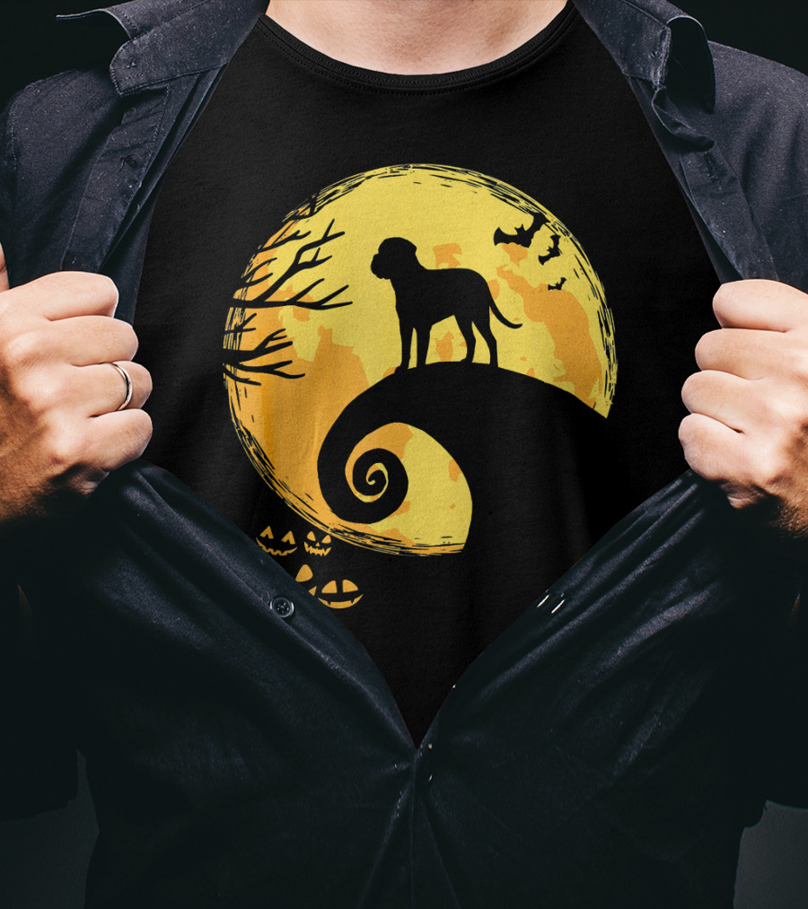 Bullmastiff Silhouette Moonlit Halloween Scene With Pumpkins And Bats T-Shirt