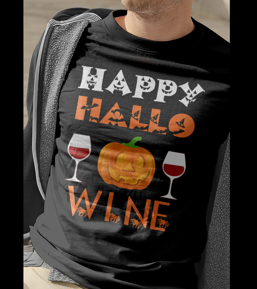 Happy Halloween Pumpkin Wine Glasses Spooky Bats And Spiders T-Shirt