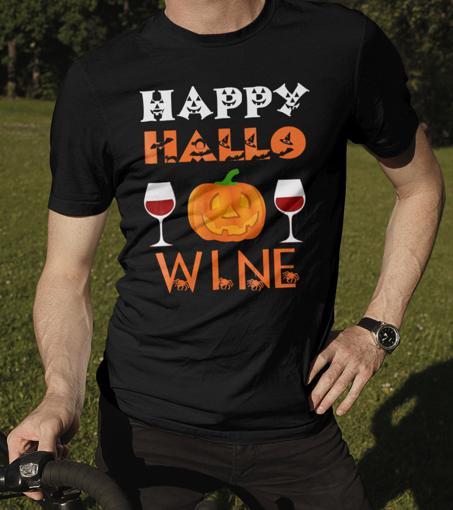 Happy Halloween Pumpkin Wine Glasses Spooky Bats And Spiders T-Shirt