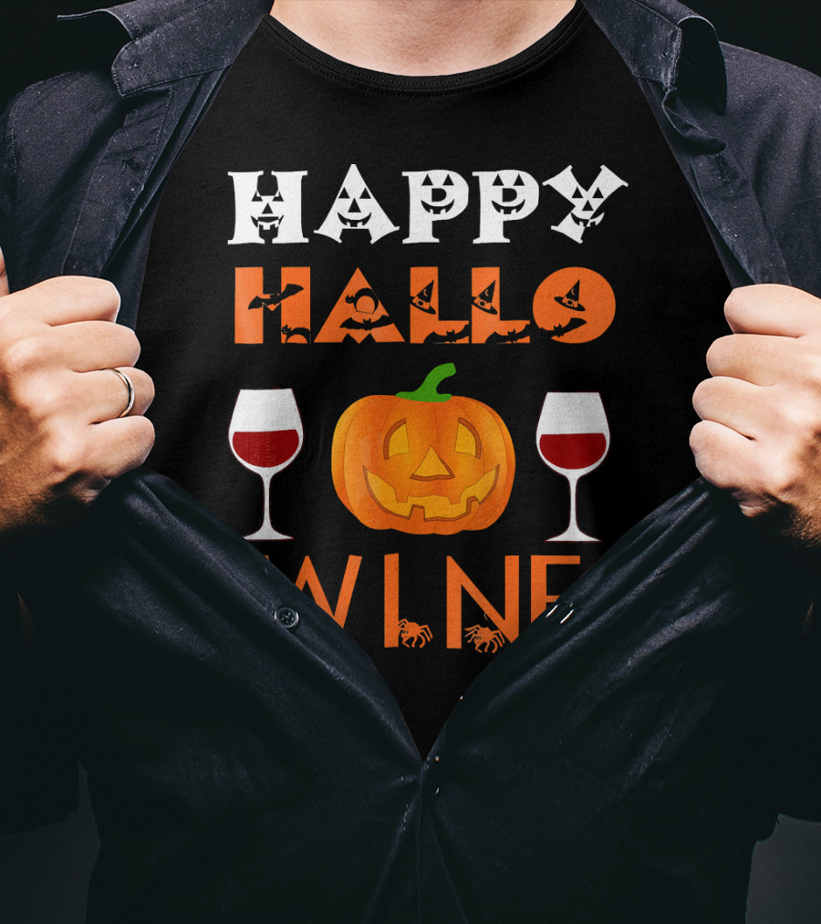 Happy Halloween Pumpkin Wine Glasses Spooky Bats And Spiders T-Shirt