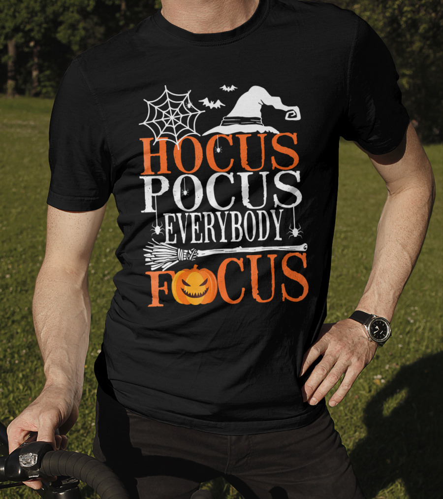 Hocus Pocus Everybody Focus Witch Hat Spider Web Broom Pumpkin T-Shirt