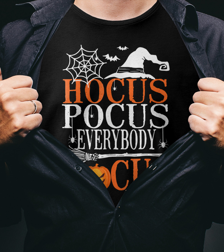 Hocus Pocus Everybody Focus Witch Hat Spider Web Broom Pumpkin T-Shirt