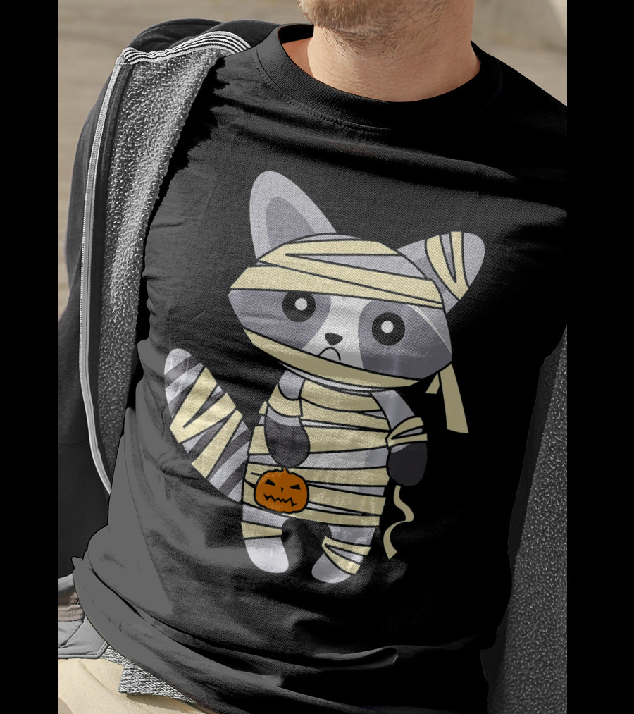 Mummy Raccoon Halloween With Jack-O'-Lantern T-Shirt