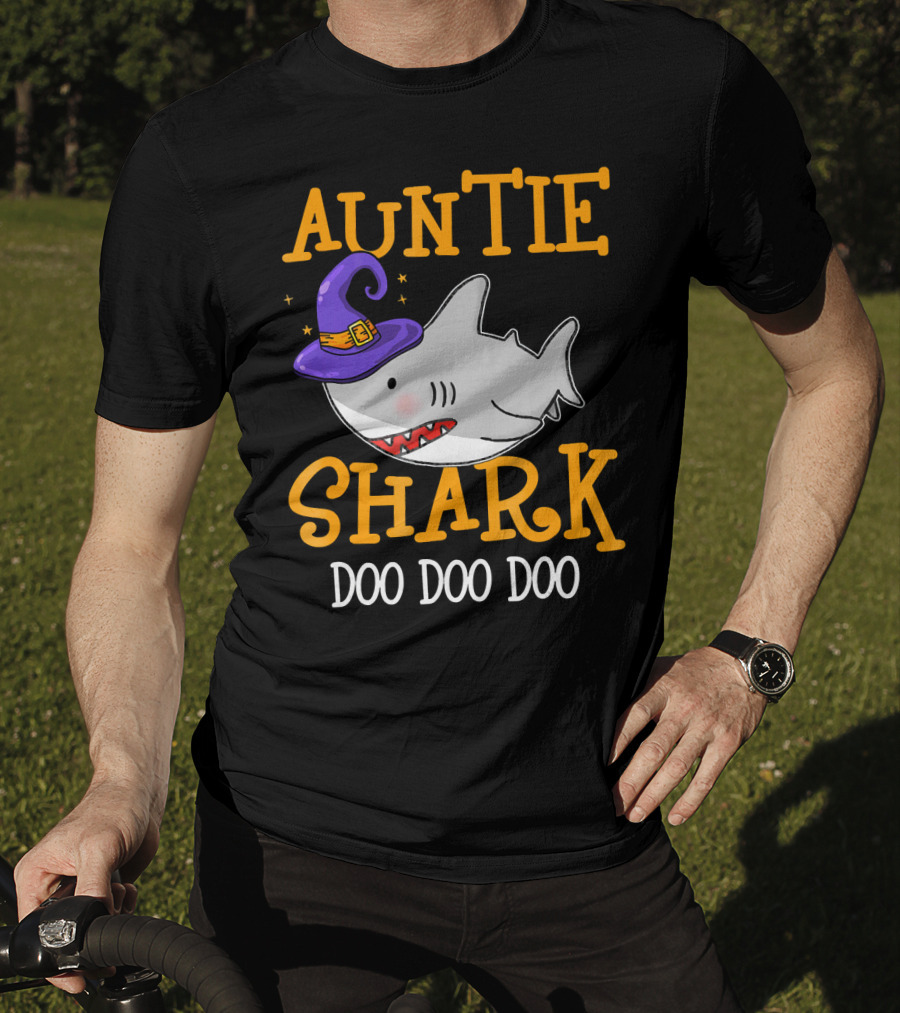 Auntie Shark Doo Doo Doo Funny Halloween With Witch Hat T-Shirt