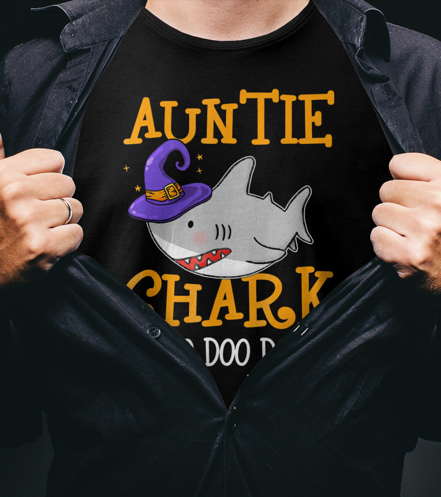 Auntie Shark Doo Doo Doo Funny Halloween With Witch Hat T-Shirt