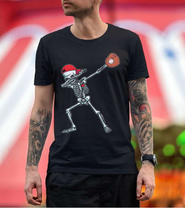 Premium T-Shirt: Dabbing Skeleton Baseball Dab Hi Red Cap Glove T-Shirt Dabbing Skeleton Baseball Dab Hi Red Cap Glove T-Shirt